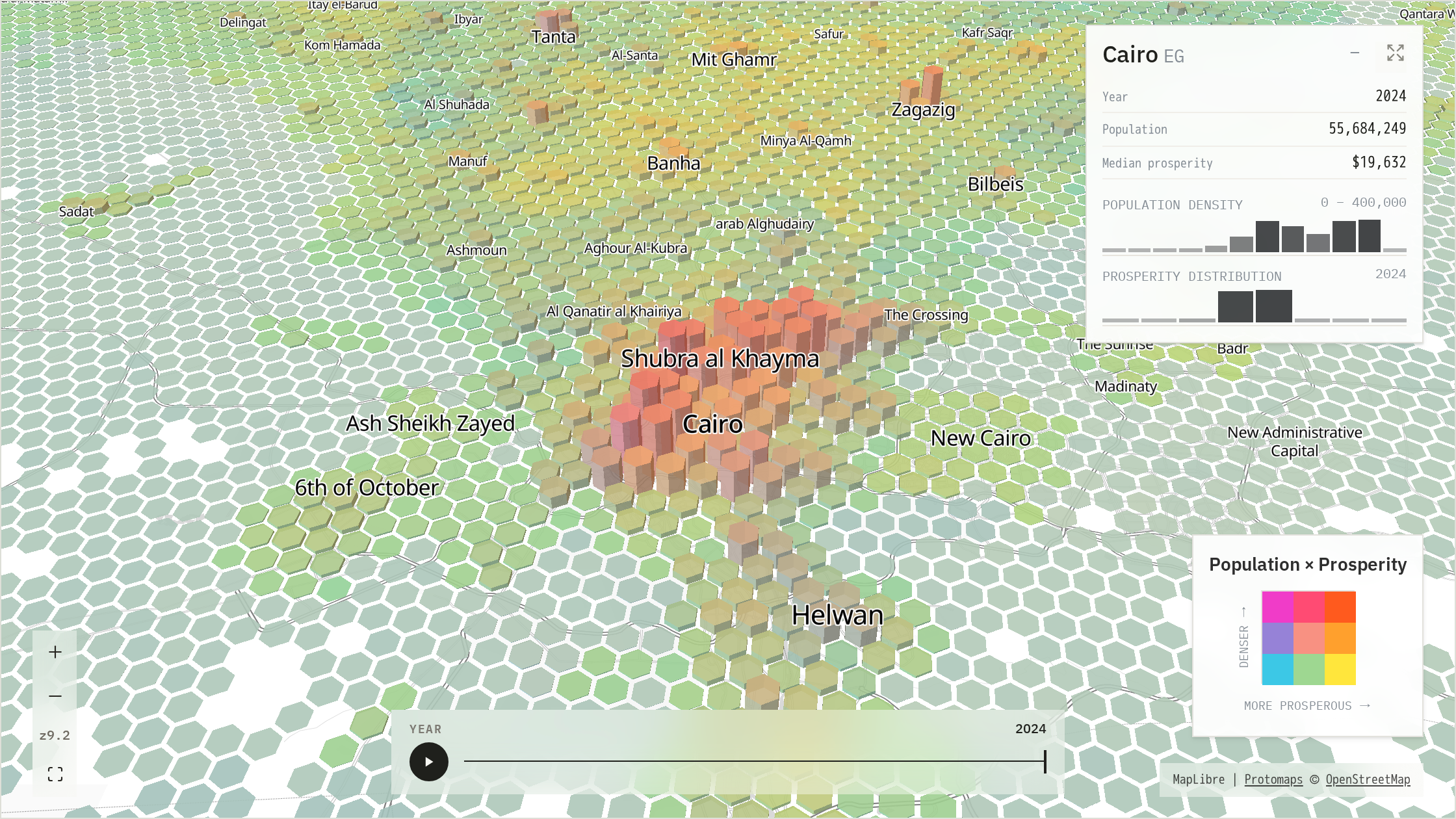 Bivariate population-density and prosperity surface over Cairo and the Nile corridor