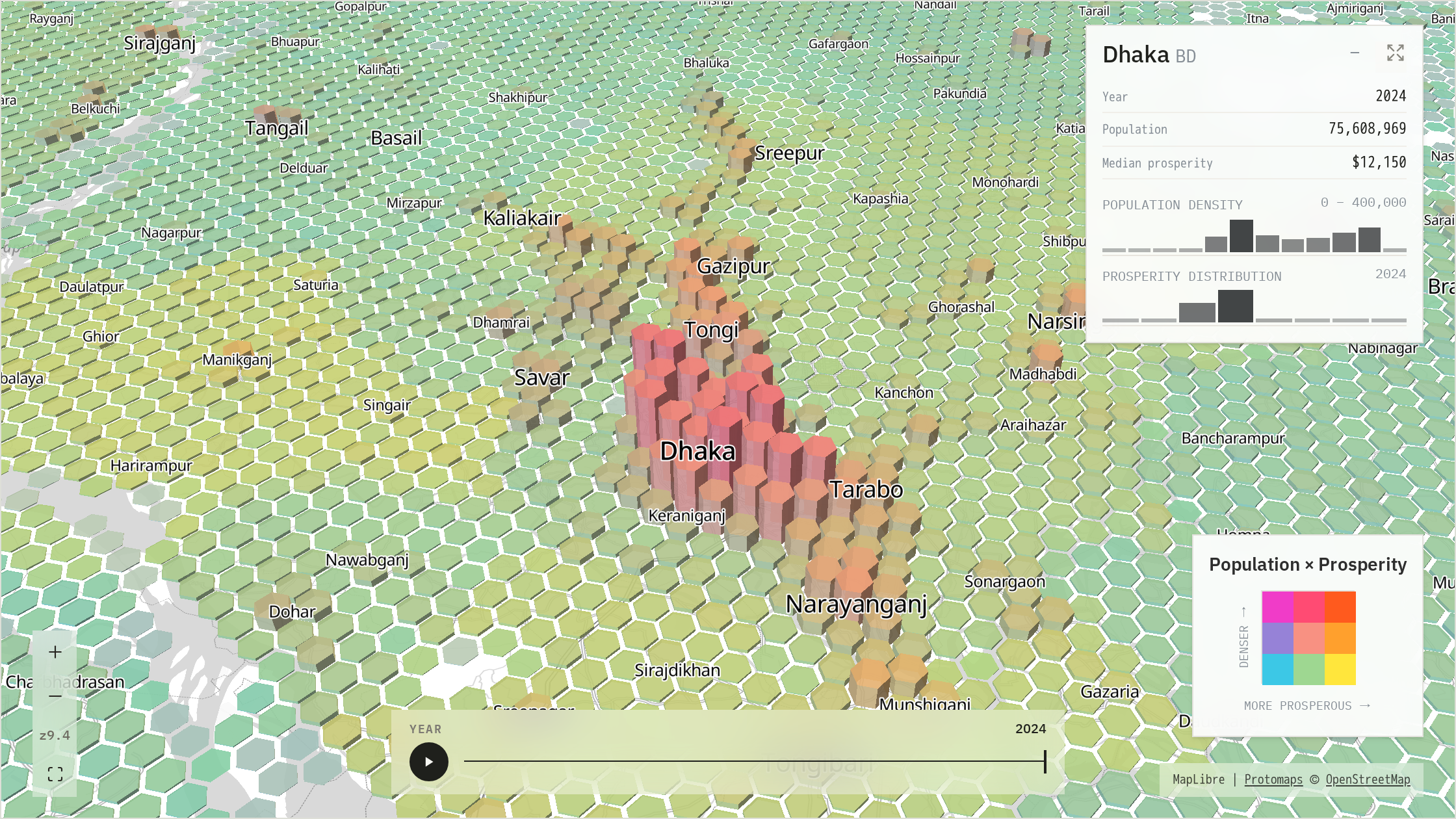 Bivariate population-density and prosperity surface over Dhaka