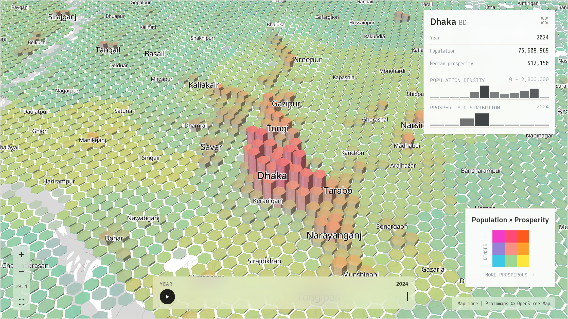 2024 bivariate population-density and prosperity surface over Dhaka