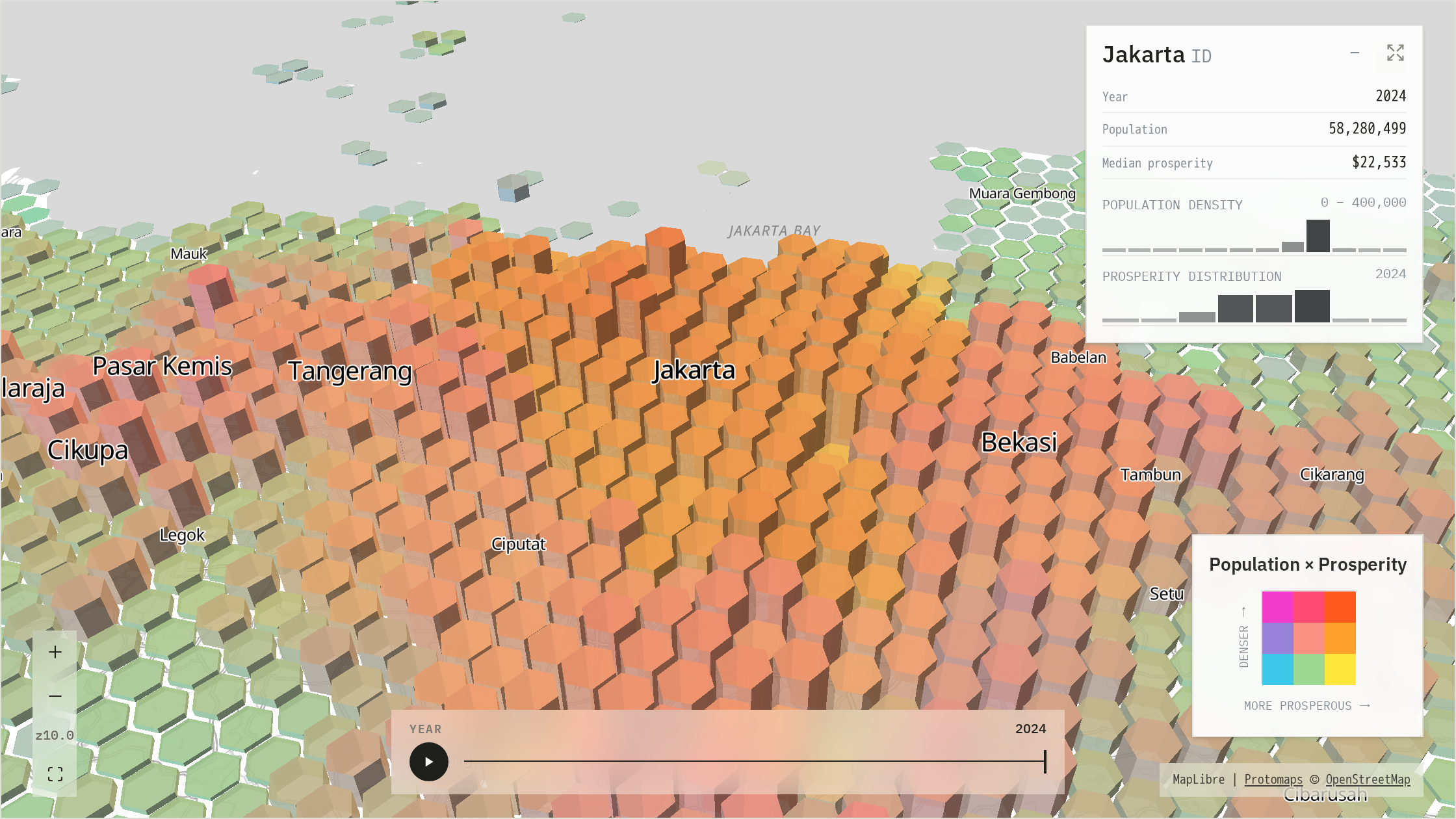 Bivariate population-density and prosperity surface over metropolitan Jakarta