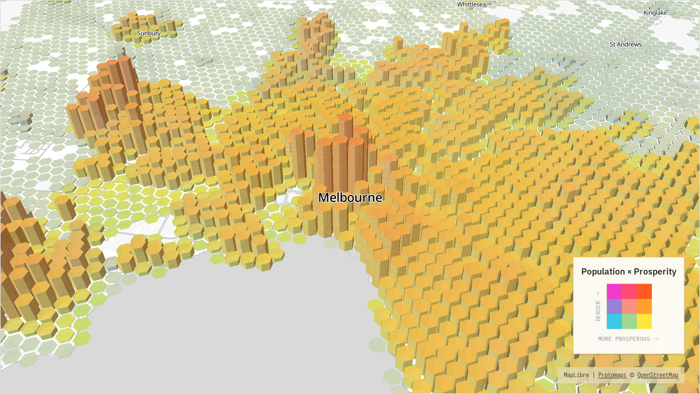 Melbourne population surface coloured with the combined three-by-three population-density and prosperity palette