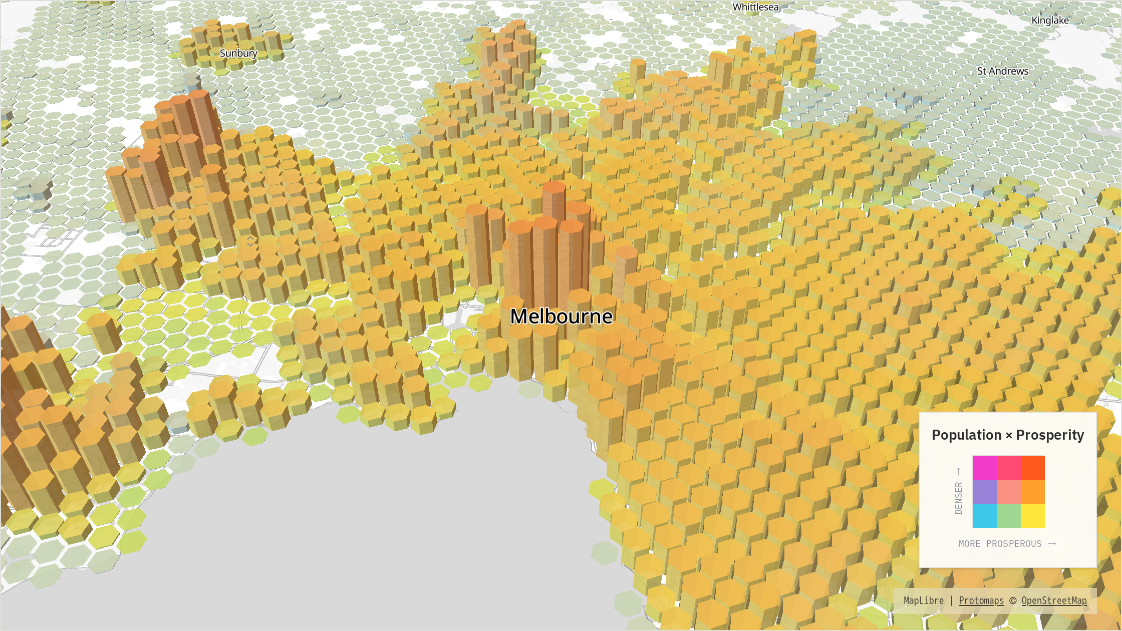 Melbourne 2024 population surface coloured with the continuous bivariate population-density and prosperity palette