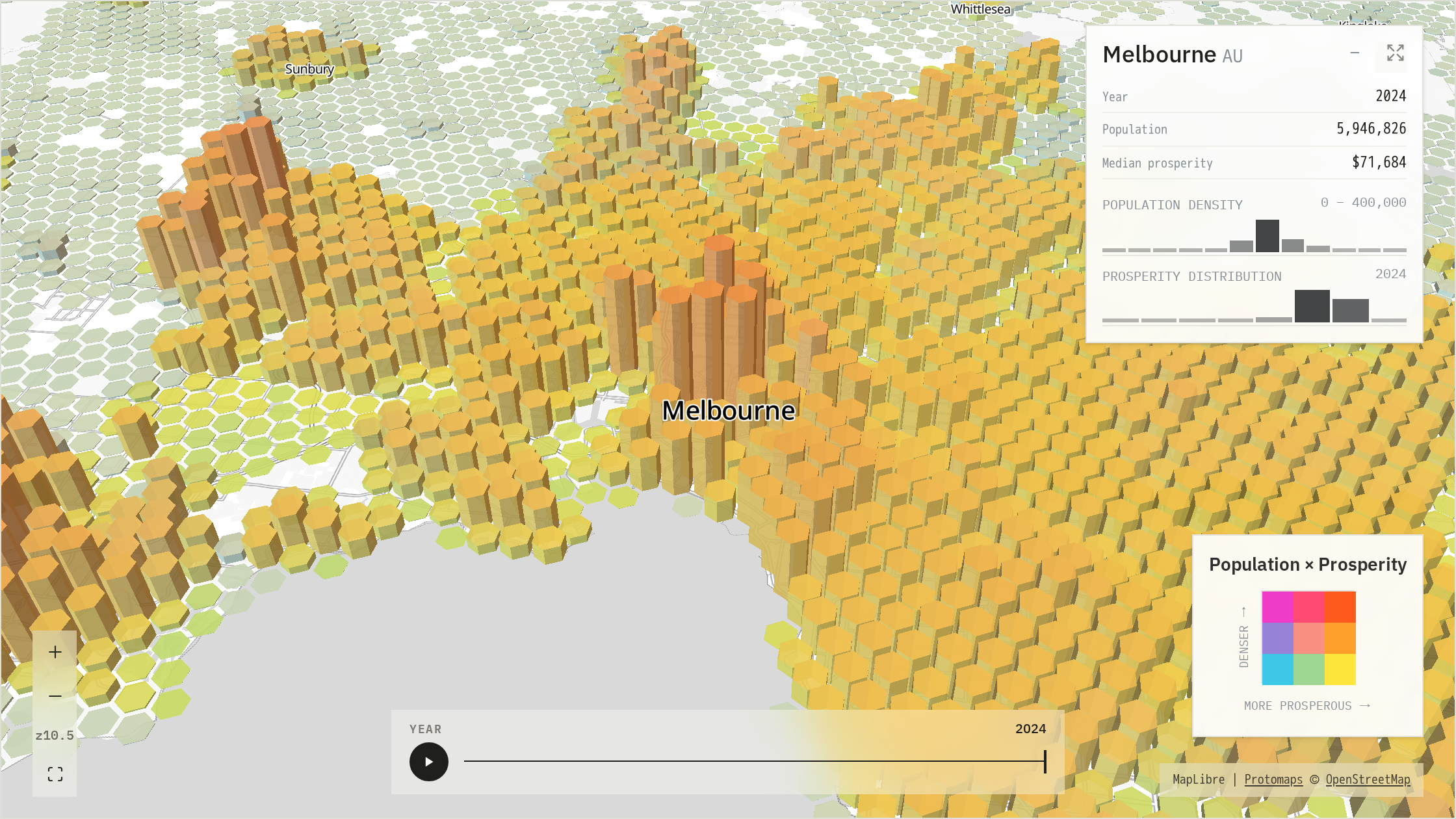 Bivariate population-density and prosperity surface over Melbourne