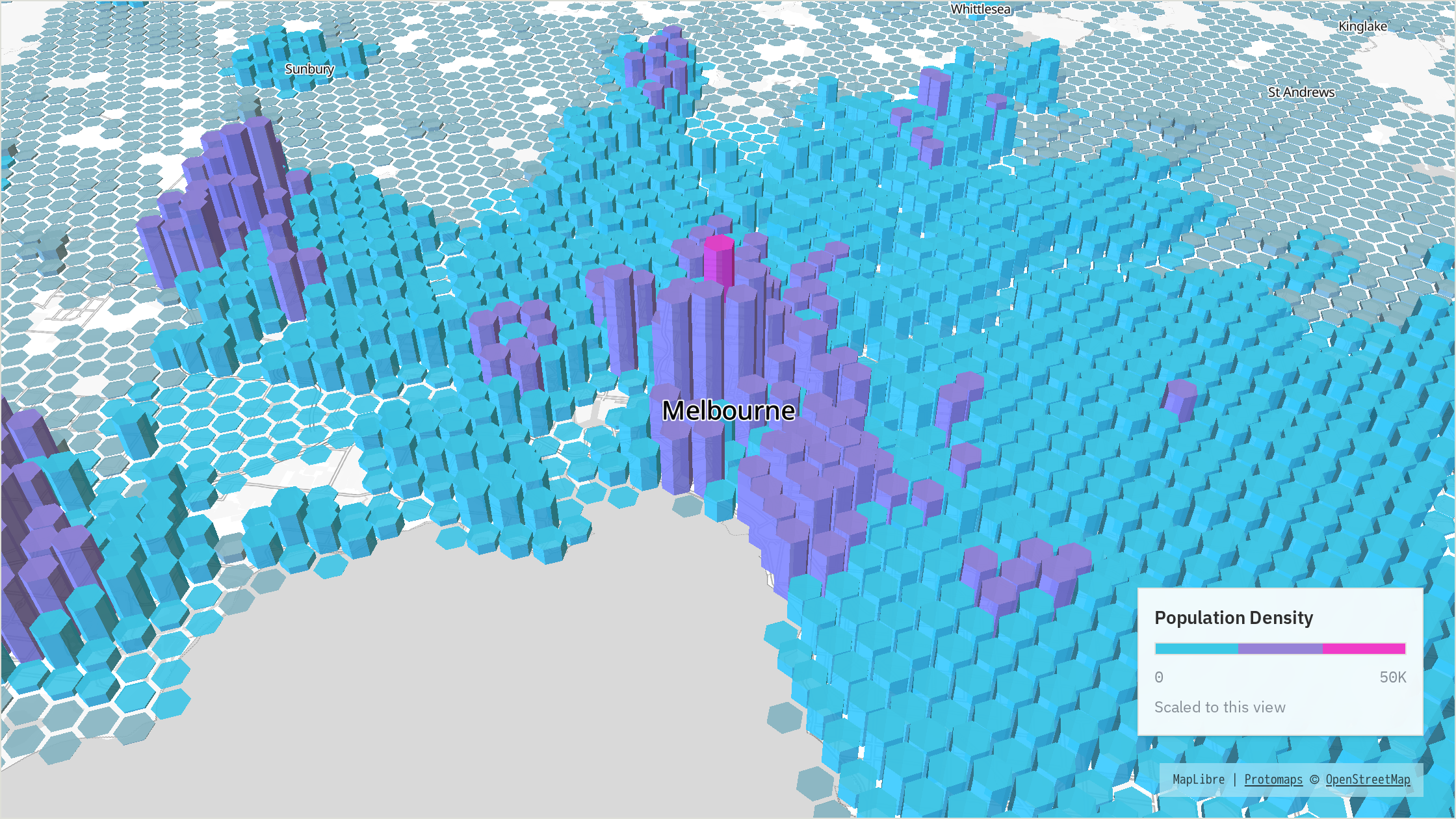 Melbourne population surface coloured with a three-class cyan-to-magenta density scale