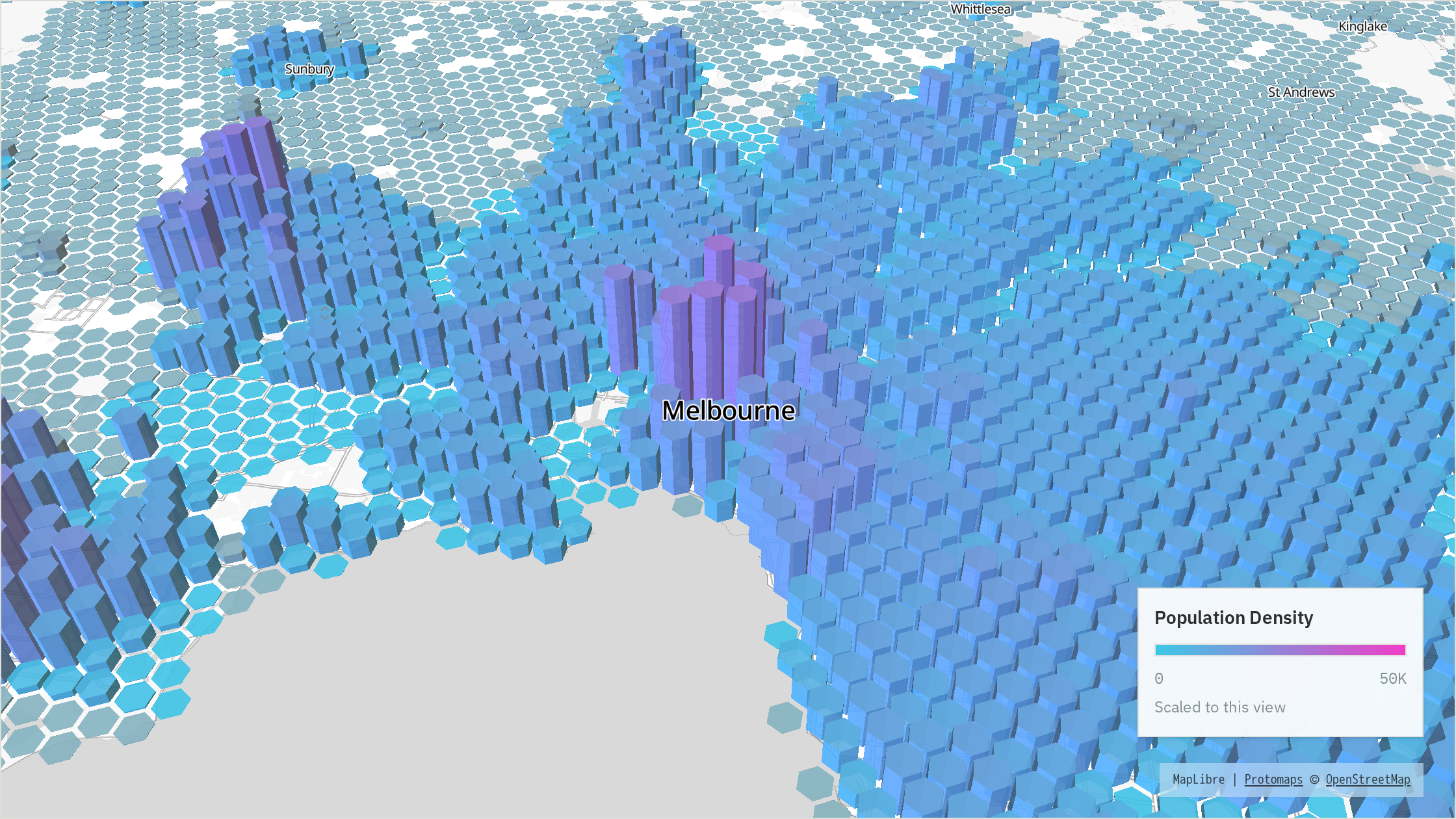 Melbourne 2024 population surface coloured with a continuous cyan-to-magenta density scale