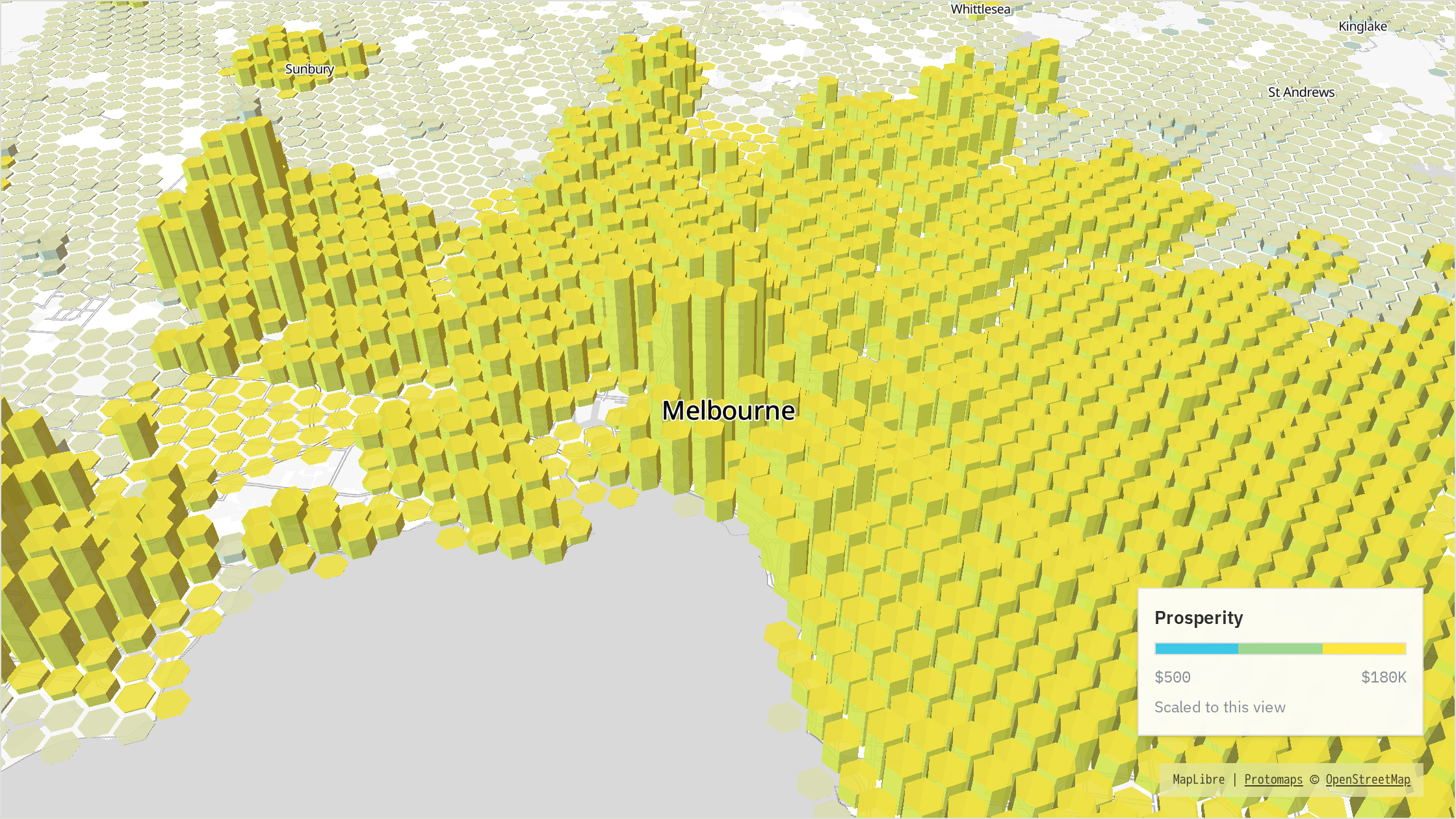 Melbourne population surface coloured with a three-class cyan-to-yellow prosperity scale