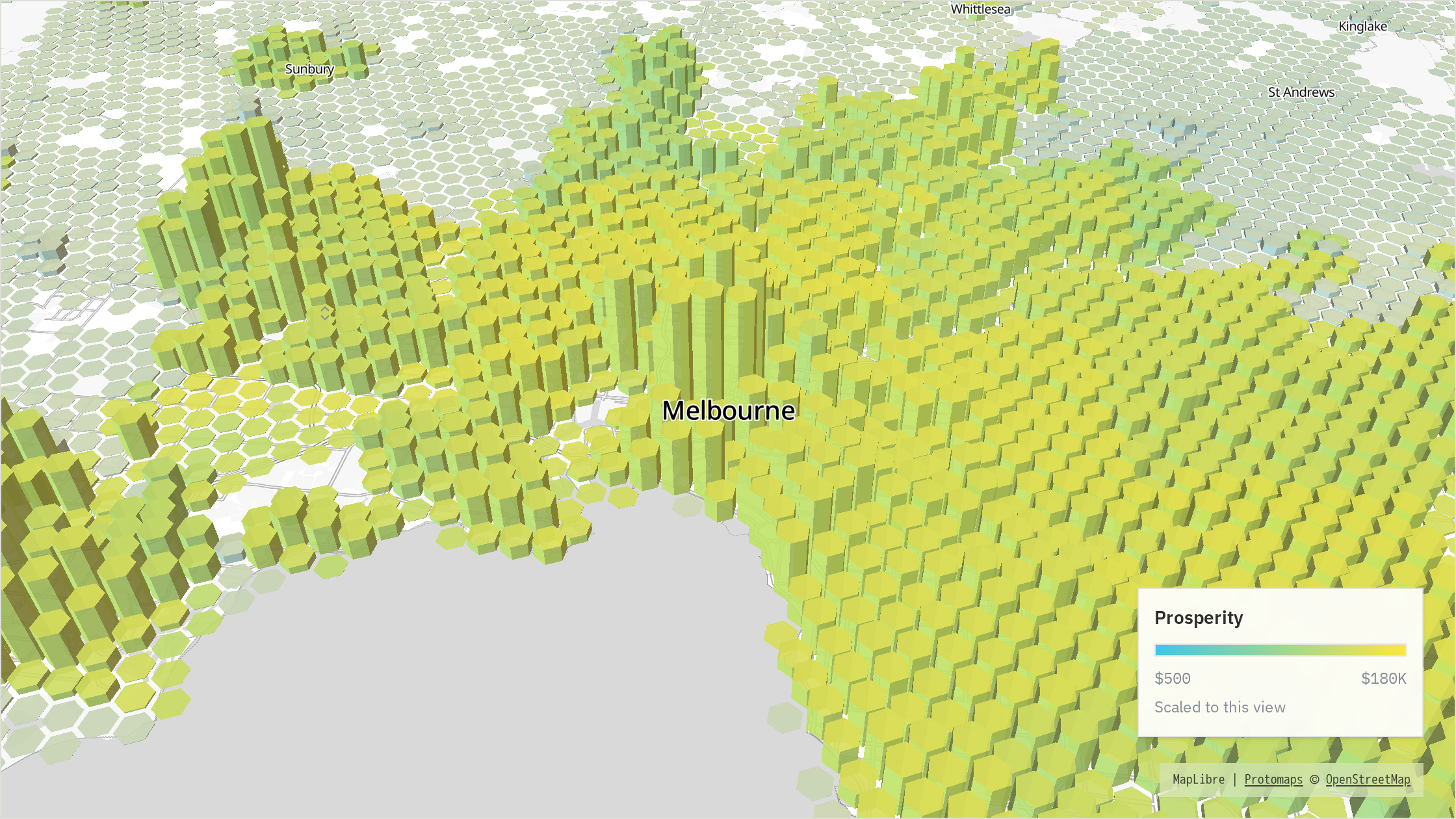Melbourne 2024 population surface coloured with a continuous cyan-to-yellow prosperity scale