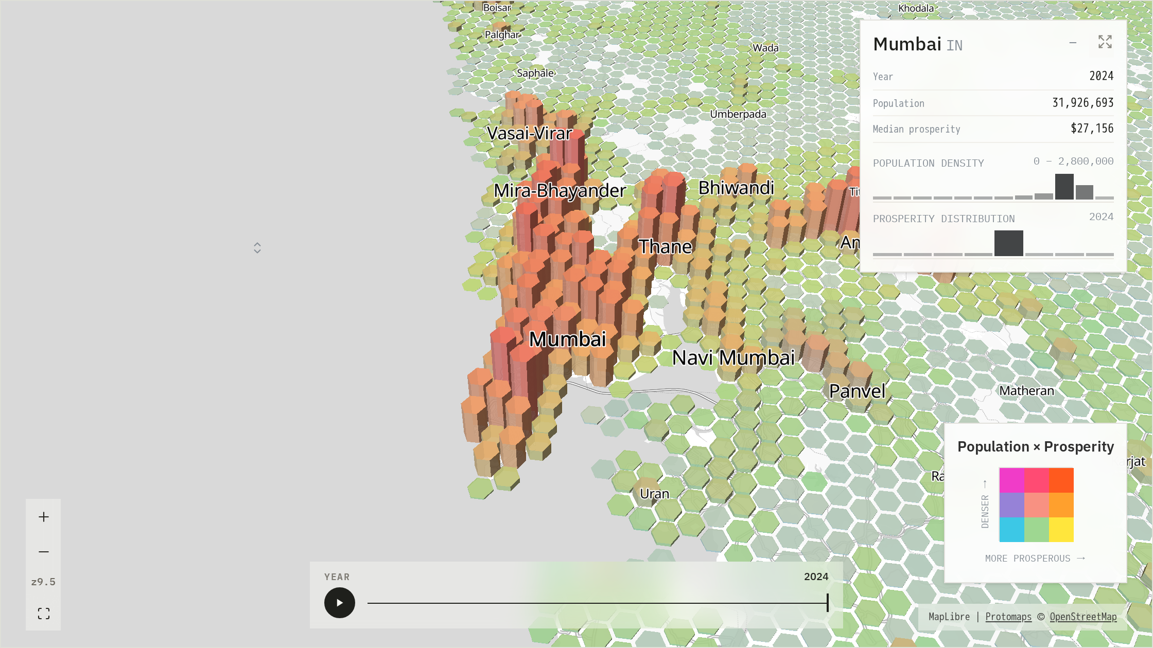 2024 bivariate population-density and prosperity surface over Mumbai