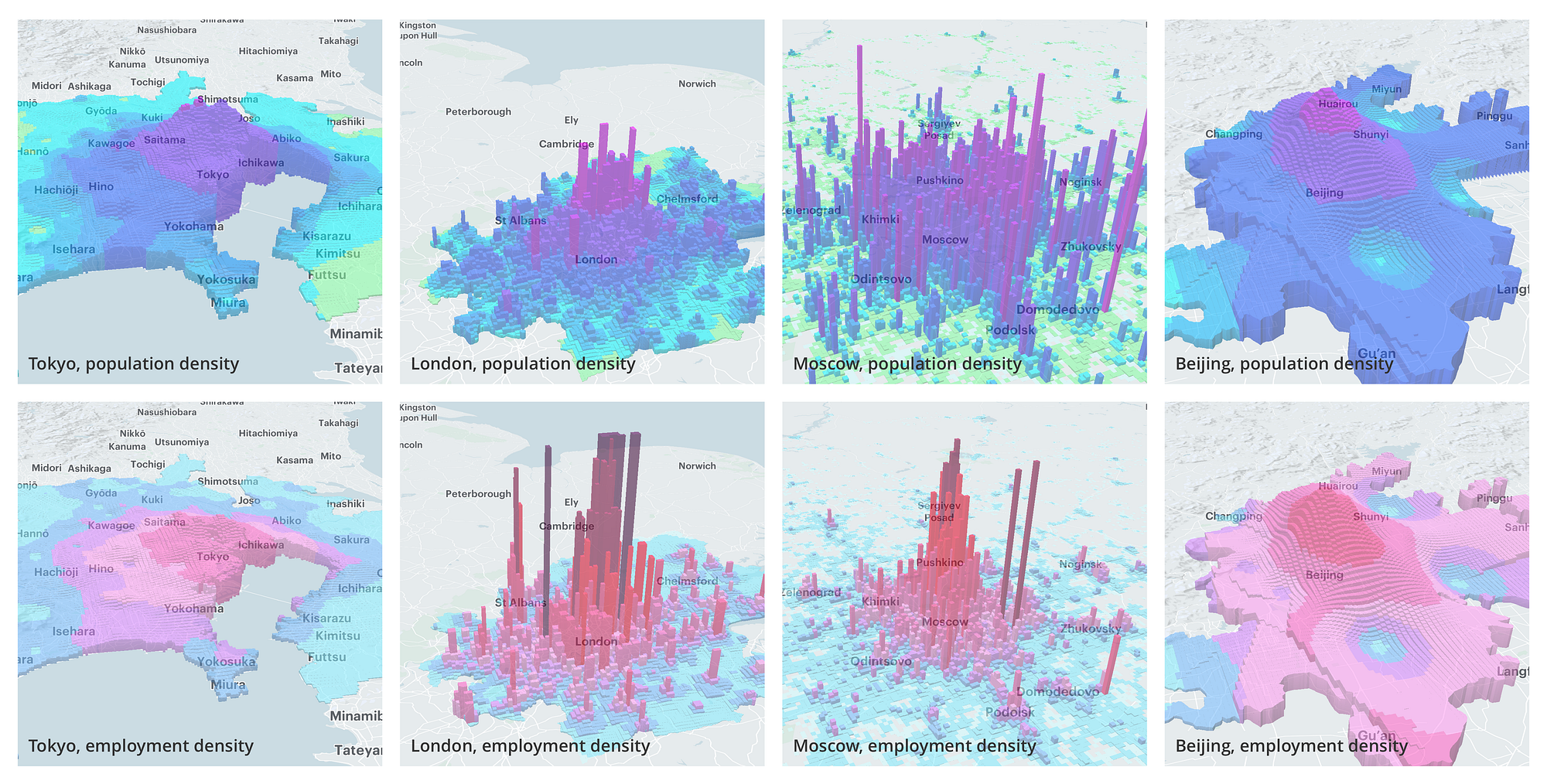 Urbica comparison of population and employment density in Tokyo, London, Moscow and Beijing